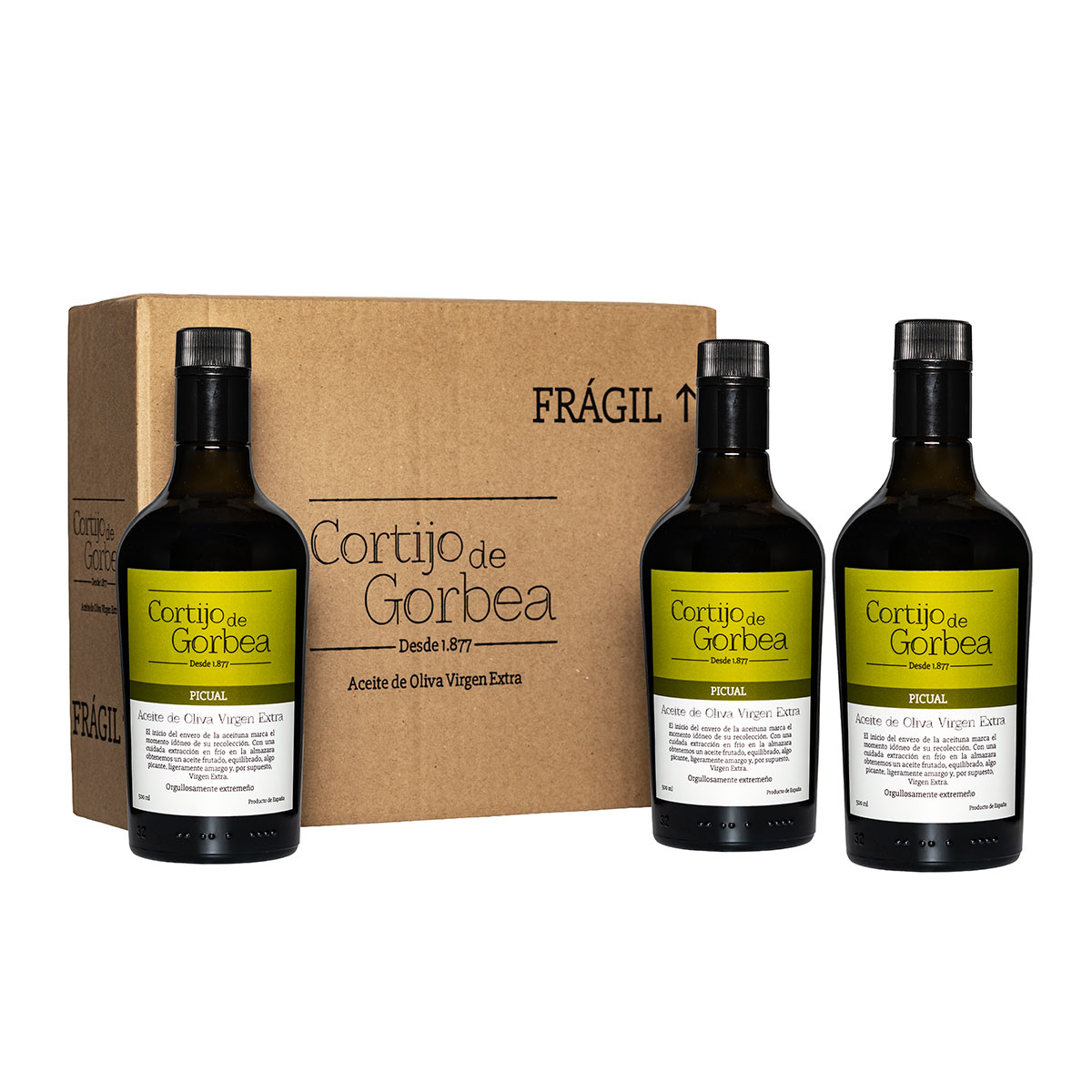 Tres botellas y caja de Aceite Oliva Virgen Extra Cortijo de Gorbea
